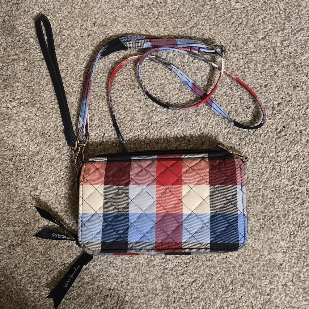 Vera Bradley Quilted Plaid Wristlet Crossbody in Red, Blue, Cream & Black